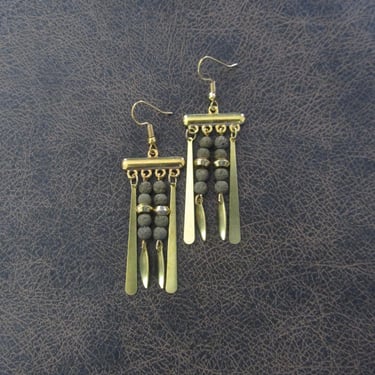 Lava rock chandelier earrings brass 