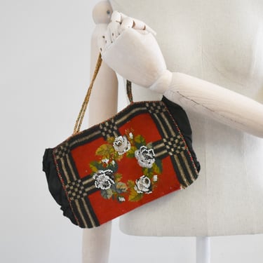 1920s Red Floral Beaded and Needlepoint Purse 