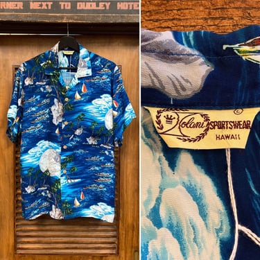 Vintage 1950’s “Iolani Sportswear” Crepe Tropical Native Hawaiian Shirt, 50’s Vintage Clothing 