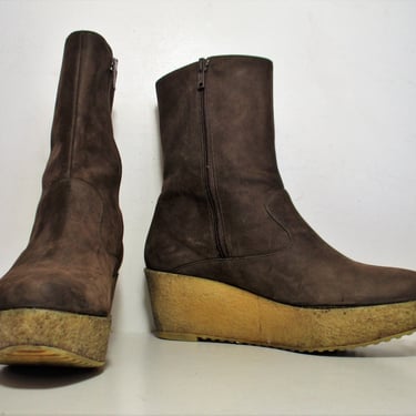 Vintage 90s Robert Clergerie Brown Sueded Leather Boots, Mid Calf Wedge Heel Booties, Size 9 1/2B Women 