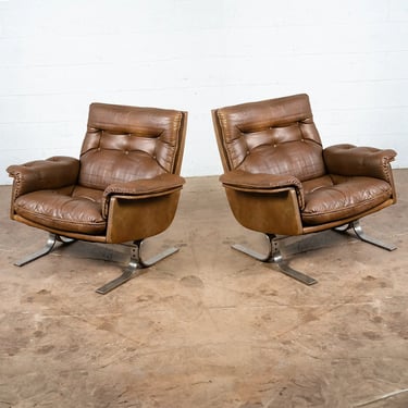Mid Century Danish Modern Lounge Chair Set Brown Leather Arne Norell Pair Set 2