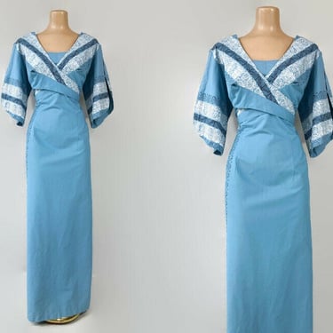 VINTAGE 50s Sky Blue Hawaiian Wrap Bust Sexy Maxi Dress | 1950s Atomic Tribal Print Luau Gown | The Liberty House by Nani | Plus Size Volup 