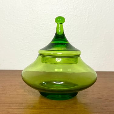 Vintage 1950s Mid Century Modern Empoli Green Glass Candy Jar Footed Bowl with Lid 