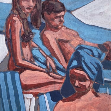 Women and Man Sunbathing - Original Painting on Canvas, 12 x 16, small, fine art, figurative, towel, swimsuit, tanning, michael van, blue 