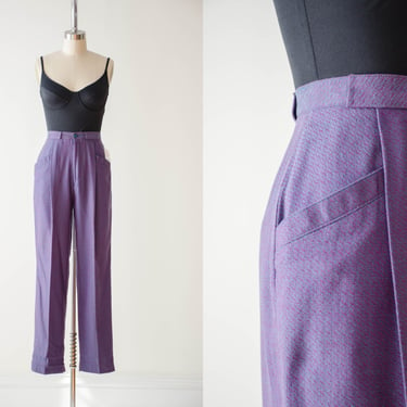 high waisted pants | 80s 90s vintage Lee Wright purple blue woven cotton pleated dark academia trousers 