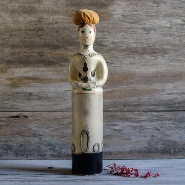 Vintage Gemma Taccogna Style Paper Maché Pin Cushion Tall Girl Black/Ivory Color Mexico - Mid Century 