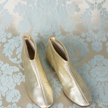 Vintage 1960s Mod Metallic Gold Slip-On Booties or House Slippers / 7M 