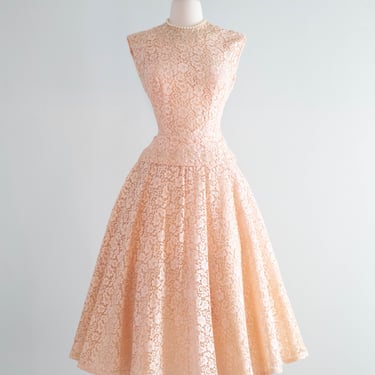 Ethereal 1950's Ballet Pink Lace Party Dress With Sequin Trim / Small