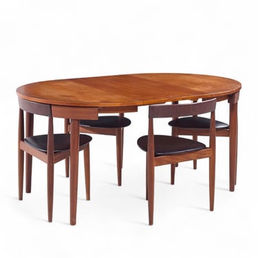Hans Olsen for Frem Rojle Mid Century Expanding Teak Dining Table with 4 Nesting Chairs - mcm 