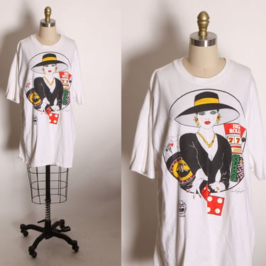 1980s 1990s White Short Sleeve Novelty Woman in Hat Gambling Paradise Island Resort and Casino Bahamas T-Shirt by Art Attack Carol Joseph 