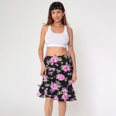 Vintage Black Floral Midi Skirt 90s Ruffled Flounce Hem Fuchsia Pink Flower Print Retro High Waisted Summer Romantic Bohemian 1990s Medium 