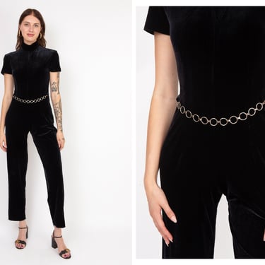 Vintage 1980s 80s Black Velvet Full Length Jumpsuit Catsuit w/ Detachable Metal Silver Chain Belt 