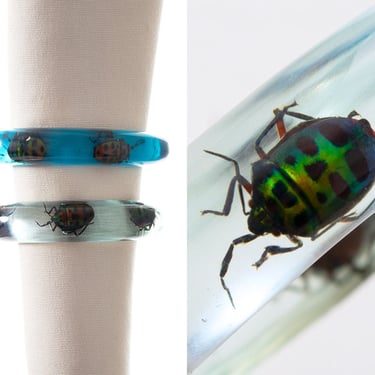 Vintage 1960s 1970s Bangles | 60s 70s Beetles Bugs Taxidermy Lucite Acrylic Novelty Scarab Statement Bracelets (set of 2) 