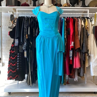 Vintage 1980s teal faille evening gown, shawl collar, off the shoulders, medium, 80s formal, 28 waist, hip sash, bridesmaid 