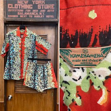 Vintage 1950’s Kamehameha Tiki Two Piece Cabana Cotton Hawaiian Outfit Set, Swim Trunks, 1950’s Shirt, Vintage Two Piece, Tiki, Cabana Set 