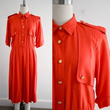 1980s Vivid Red Trench Style Silk Dress 