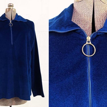 Vintage Manfredo Navy Blue Velvet Collard Shirt O-ring Zip Front Long Sleeve Mod Men's Unisex 1970 Large XL 