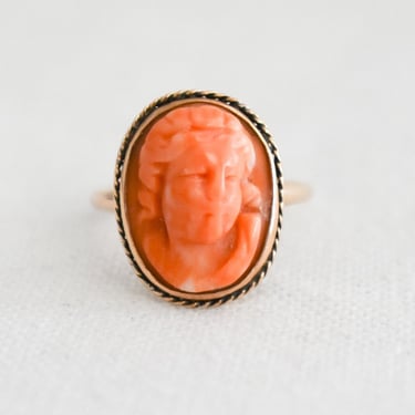 Antique Angel Skin Coral Cameo Ring, Size 8 