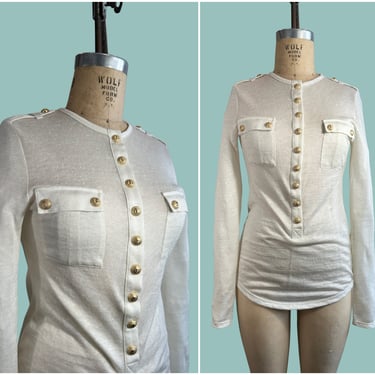 BALMAIN Paris Pullover Linen Knit Top, Gold Logo Buttons | Long Sleeve Shirt Blouse | French Designer Minimalist Simplistic | Size 38 Small 