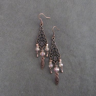 Antique copper filagree chandelier earrings, peach crystal earrings 
