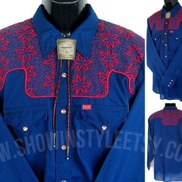 Vintage Western Men's Cowboy and Rodeo Shirt by Ely Plains, Navy Blue, Red Floral Embroidered Designs, Size 17-34,  XLarge (see meas. photo) 