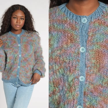 Space Dye Cardigan 90s Button Up Mohair Knit Sweater Colorful Bohemian Knitwear Retro Boho Hippie Blue Pink Green Vintage 1990s Medium Large 