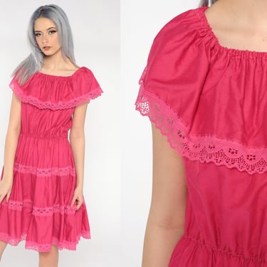 Hot Pink Peasant Dress Bohemian Dress 80s Boho Midi Mexican Dress Off Shoulder Dress Lace 1980s Hippie High Waist Vintage Large L 
