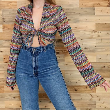 90's Colorful Woven Tie Front Bell Sleeve Crop Top Shirt 