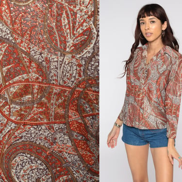 70s Paisley Shirt Dagger Collar Blouse Metallic Print Blouse Boho Top Hippie 1970s Vintage Bohemian Button Up Psychedelic Long Sleeve Medium 