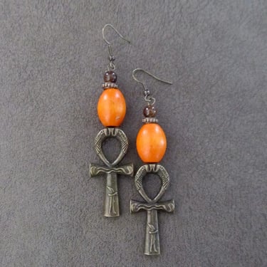 Orange wooden and bronze ankh earrings 
