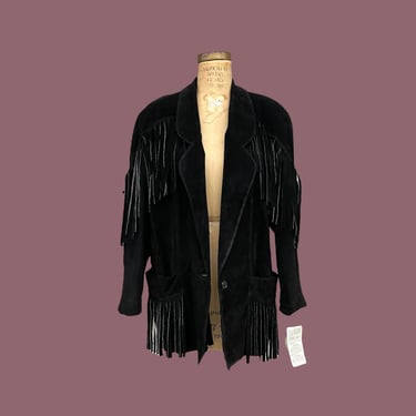 Vintage Fringe Suede Jacket Retro 1980s DEADSTOCK + Excellent Stylist Inc + Genuine Leather + Large + Black + Western Wear + Blazer Jacket 
