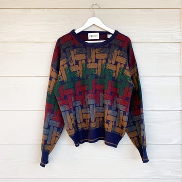 Vintage Italian Retro Sweater, JT Beckett Italian Made Striped Womens / Mens Pullover, Multicolor Blocks Crewneck Sweater 