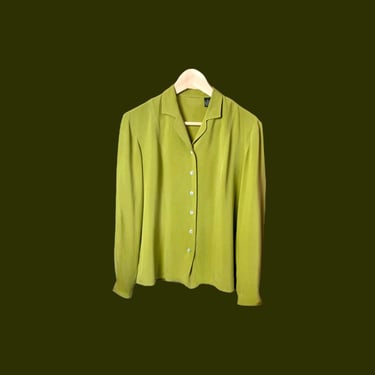 Green Silk Blouse, Vintage 90s 00s Simple Silk Oxford, Long Puff Sleeve Blouse, Light Green Button Up Collared Shirt, Matte Silk Simple Top 