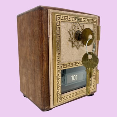 Vintage Post Office Door Coin Bank Retro 2000s USPS + Brown Wood + Gold Metal + 2 Keys + Locks + Money Storage + Lock Box + Home Decor 