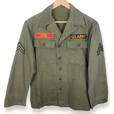 Vintage Korean War US Army HBT OD-7 Field Shirt ~ size S to M ~ Jacket ~ Herringbone Twill ~ Patches / Named ~ Worn-In 