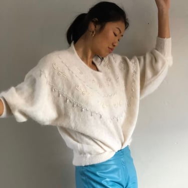 90s angora batwing sweater / vintage fuzzy soft white angora embellished beaded pearl batwing embroidered cozy oversized sweater | Large 