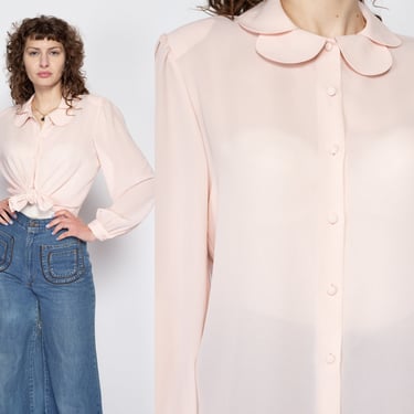 Large 80s Light Pink Petal Collar Blouse | Vintage Sheer Button Up Long Sleeve Top 