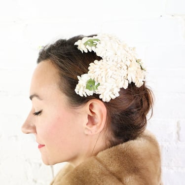 1950s White Flower Hat l 50s White & Beige Tiny Flowers Hat l White Fascinator 