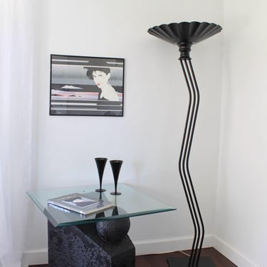 Postmodern Floor Lamp, 980s Memphis Style Torchiere, Black Zigzag Metal Lamp with Fluted Shade 