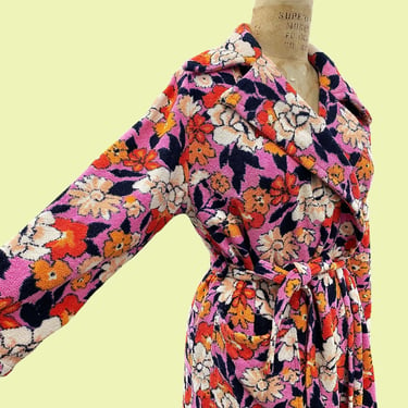 Vintage Bathrobe Retro 1970s Mid Century Modern + Womens + No Size Tag + Robe + Terrycloth + Floral Pattern + Flower Power + L/S + Tie Front 