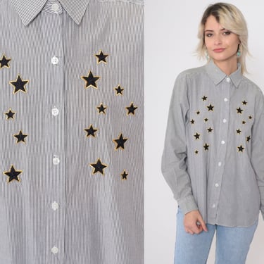 Striped Star Blouse 90s Pinstripe Button up Shirt Grey White Vertical Stripes Top Long Sleeve Collared Retro Preppy Vintage 1990s Medium 