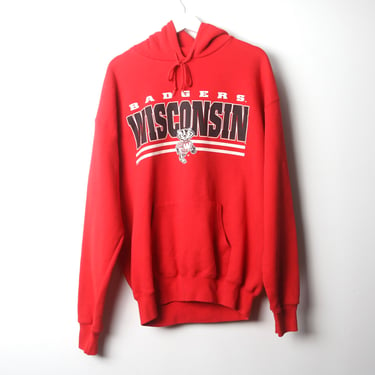 Vintage WISCONSIN BADGERS red and white HOODIE 1990s football sweatshirt -- size large 