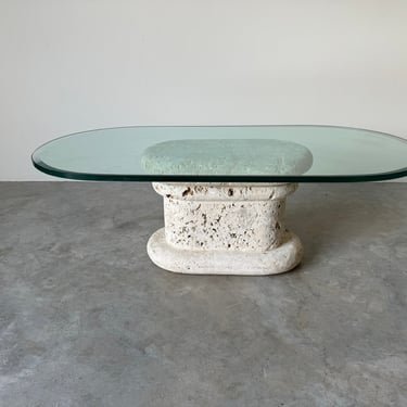 1980's Postmodern Coral Stone and Glass Top Oval Coffee Table 