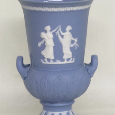Wedgwood Style Japan Blue Jasperware Cameo Trumpet Vase with Handles 3411B