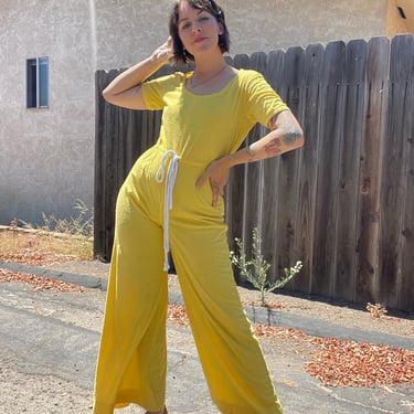 1970s bright yellow terry cloth jumpsuit 