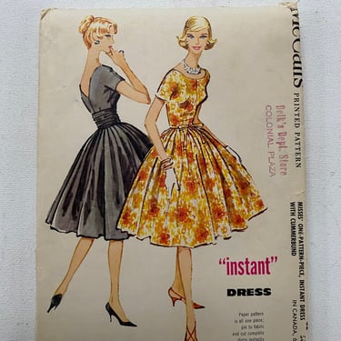 50's Vintage Full Skirt Dress Pattern, McCall's 4918, Size 12 Bust 32, Fitted Bodice Scoop Neck, Back V Neck, Cummerbund Tie-Belt, 1959 