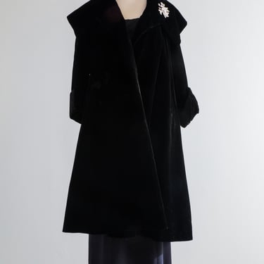 Dramatic 1950's Black Velvet Opera Coat With Huge Shawl Collar / Medium