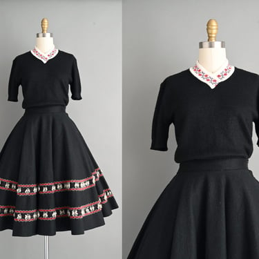 vintage 1950s 2pc Black felt & Cashmere Sweater Dress | Small 