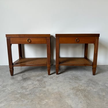 Hollywood Regency Baker Furniture French Louis XVI -Style  Walnut And Cane  Nightstands - A Pair 