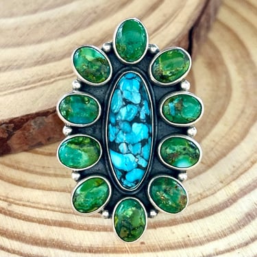 BLOOMING FLOWER Sterling Silver Blue & Green Turquoise Cluster Ring | Large Statement Jewelry, Native American Style Southwestern | Size 7 